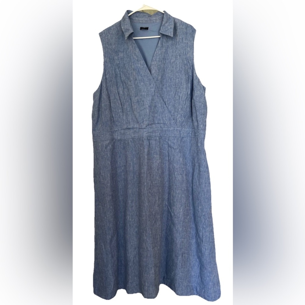 Talbots Linen Faux Wrap Dress Size 22/24 Blue Minimal Coastal Work Midi